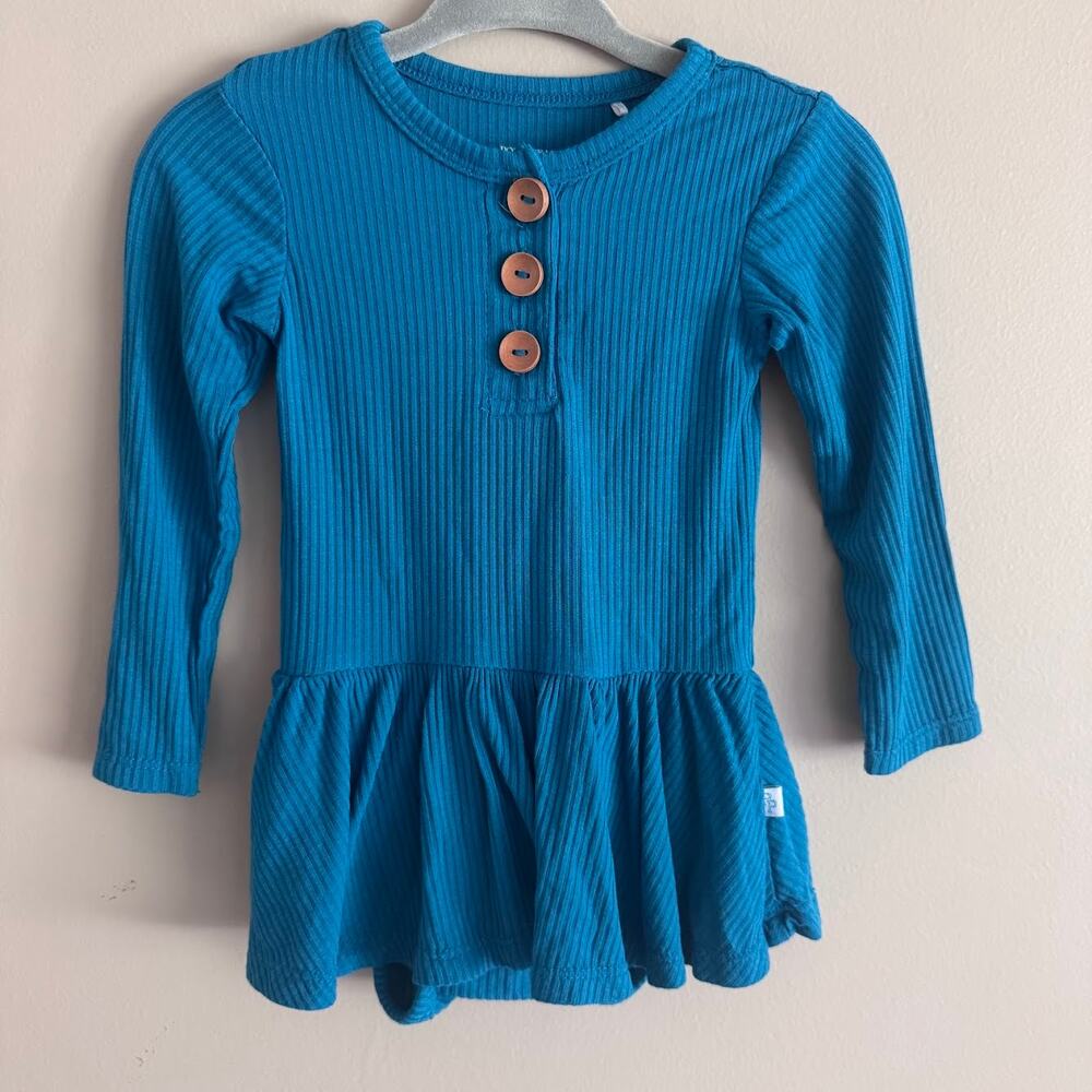 Posh Peanut Bamboo Teal Blue Ribbed Long Sleeve Bodysuit Dress 6-12M Baby Girl